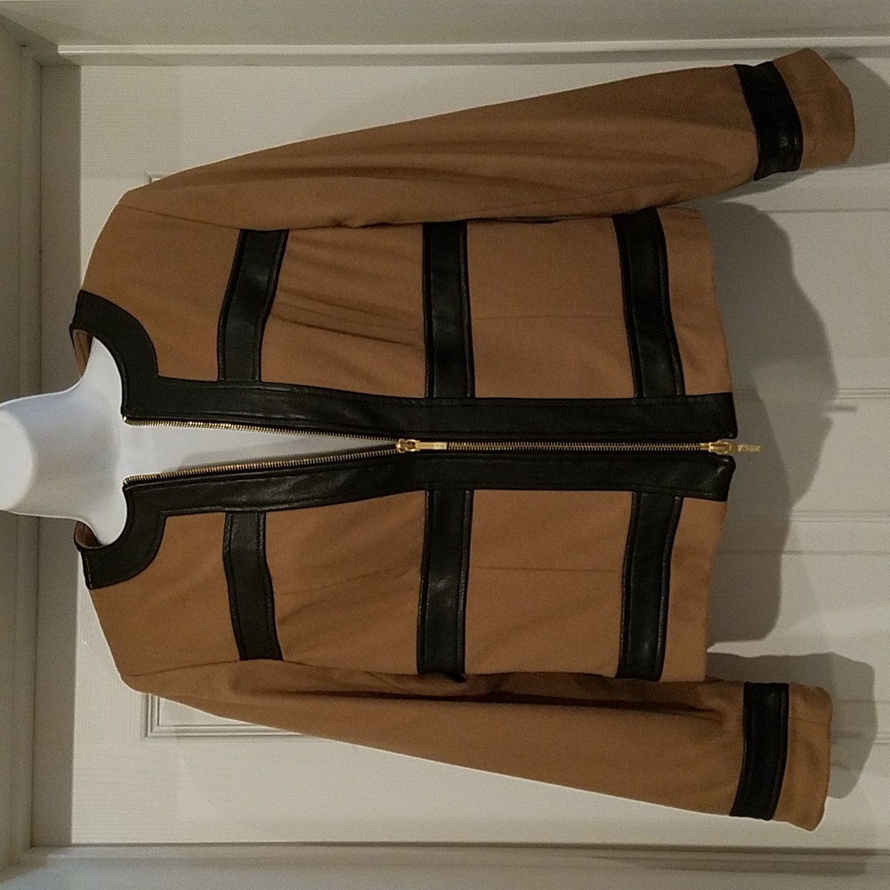 NWT Jana Kos wool blend tan and black (vegan leather) jacket size medium